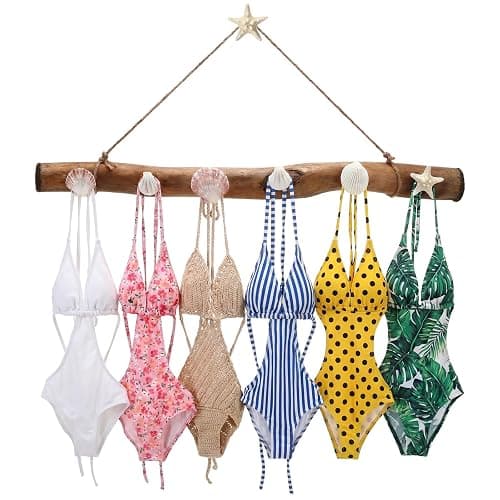 Kathfly 22 Inch Bikini Wall Hook Rack Wooden Beach Seashell Wall Mounted Hook Natural Driftwood Bikini Rack Branch Swimsuit Organizer for Farmhouse Home Bathrooms Hanging Decors - Image 1