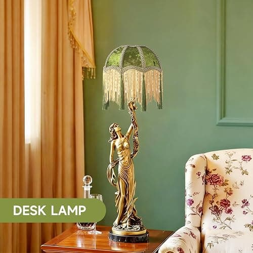 xiaojuande-Lampshade with tassels, Premium Classic Victorian, Style Bell Shape Scallop velvet top replacement lamp,9.8“Width 11.3”height(olive green) thumbnail 8