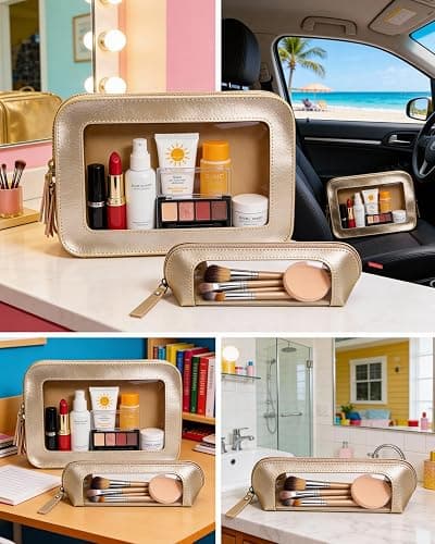 LETGO 2Pack Clear Makeup Bags, Makeup Pouch for Purse Slim Make Up Brush Bag for Girls Car Accessories Essentials for Women(2Pack-Gold Set) thumbnail 5