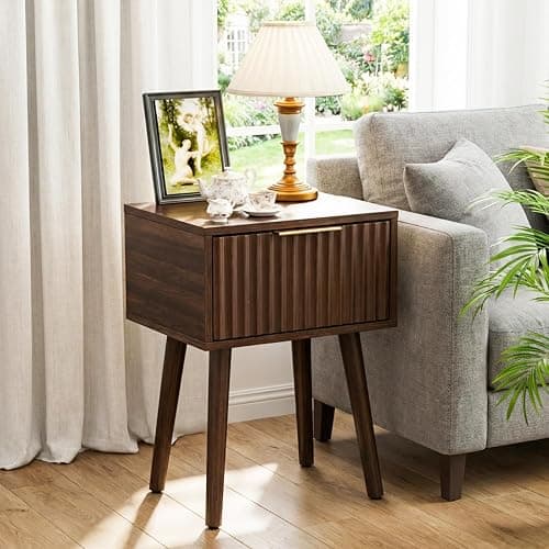 VINGLI Night Stand Set 2, Fluted Nightstands with Drawer, Mid Century Modern Nightstands Set of 2, Bedside Table, End Table, Wood Nightstand for Bedroom, Walnut, 15.75" W*11.81" D*21.85" H thumbnail 7