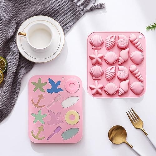 Seashell and Nautical Silicone Mold Set, 2 Pack Pink Ice Cube Trays with Starfish Anchor Shell Designs thumbnail 2