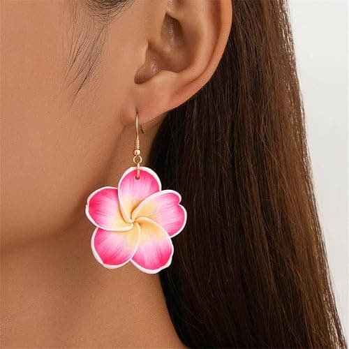 coadipress 6 Pairs Hawaiian Tropical Plumeria Rubra Drop Earrings for Women Bohemia Lovely Flower Luau Beach Dangle Earrings Summer Vacation Party Accessories Gifts thumbnail 3
