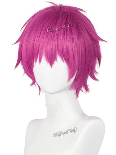 Short Rose Red Anime Cosplay Wig for Men Pink Red Male Wigs with Bangs | Dark Pink Spiky Layered Synthetic Hair Wigs for Unisex Women Halloween Party Costumes thumbnail 3