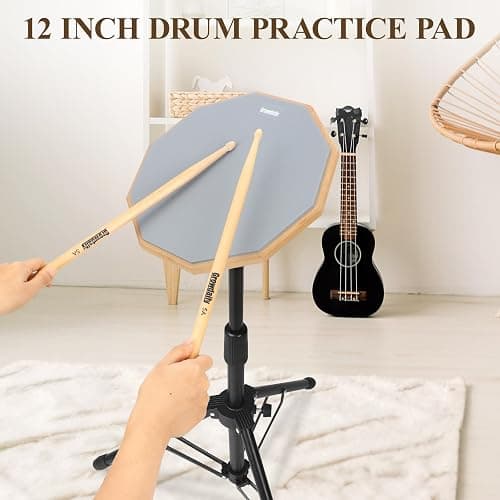 Drum Practice Pad Snare Drum Stand Set 12 In With Double Sided Silent Drum Pad, Drum sticks,Carrying Bag Adjustable Stand (Grey) thumbnail 7