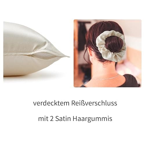Seiwohl Satin Kissenbezug 80x80 2er Set, Weich wie Seidenkissenbezug Silk Pillowcase, Vegane Seide Kopfkissenbezug Kissenhülle Seidenkopfkissen für Haar und Haut mit Haargummis, Beige thumbnail 5