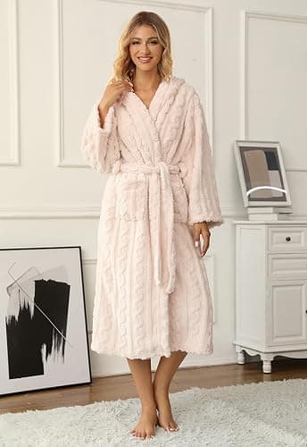 Umeyda Girls & Womens Twist Fleece Robes, Hooded Soft Warm Bath Robe for Kids Womens Fuzzy Bathrobe for Gifts thumbnail 5