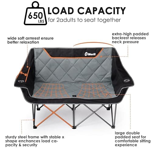 EMERIT Oversized Camping Chair with 650LB Capacity - Heavy Duty Folding Loveseat Camping Couch with Deep Seat & Rip-Resistant Fabric, Padded Comfort, Cup Holders for Outdoor, Lawn & Sports. thumbnail 6