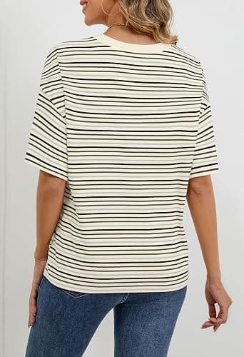 MEROKEETY Women's Summer Short Sleeve Shirt Casual Colourful Striped Crewneck Loose Tops Blouse thumbnail 5