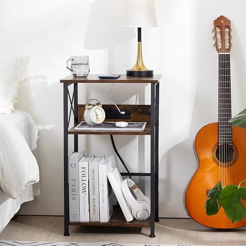 AMHANCIBLE Record Player Stand with Charging Station, Turntable Stand with Storage Cabinet, 3 Tier End Table Hold Up to 200 Albums, Record Stand for Vinyl, Living Room, Rustic Brown, HETCD01BR-1 - Brown - W 15.75" x D 11.41" thumbnail 2