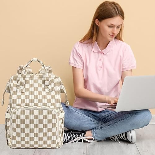 Dezcrab Laptop Backpack for Women, Corduroy College School Backpack Bookbag 15.6 inch Business Computer Travel Backpack (Checkered Brown) thumbnail 2
