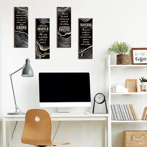 Honoson 4 Pcs Black and Gold Bathroom Decor Inspirational Quote Wooden Sign with Grind Hustle Execute Success Gold Art Signs Bathroom Hanging Accessories for Bedroom Living Room Kitchen(11.8 x 4 Inch) thumbnail 2