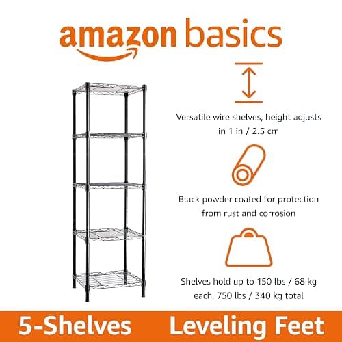 Amazon Basics 5-Shelf Tower Adjustable Storage Shelving Unit for Garage, Rust-Resistant Steel, 150 lbs Per Shelf, 16"W x 16"D x 54"H, Black thumbnail 4