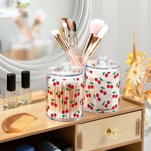 Bulletgxll Apothecary Jar with Lids 2 Pack Cute Cherry Fruit Qtip Holder Clear Plastic Containers Bathroom Vanity Countertop Organizer for Cotton Swabs, Cosmetic Pads, Sponges, Flossers thumbnail 6