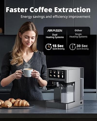 AIRMSEN 20 Bar Espresso Machine with Automatic Milk Frother, Cappuccino & Latte Coffee Maker with Quick Brew Dual Boiler (1350W + 1000W), Stainless Steel, 60oz Water Tank, Touchscreen thumbnail 8