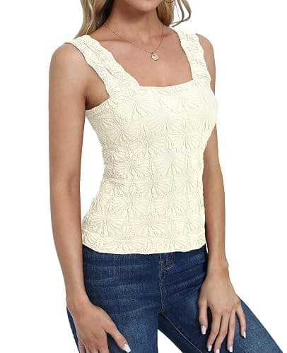 DouBCQ Women Cute Crop Tank Top Square Neck Wide Strap Vest Slim Fit Floral Lettuce Trim Cropped Cami Tops thumbnail 3
