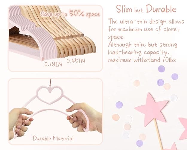 Pink Heart Velvet Baby Hangers - 50pack 13inch Toddler Hangers with 20pcs Clips, Premium Velvet Strong and Durable Baby Clothes Hangers Without Slipping, Ultra Slim and Stackable Space Saving thumbnail 6