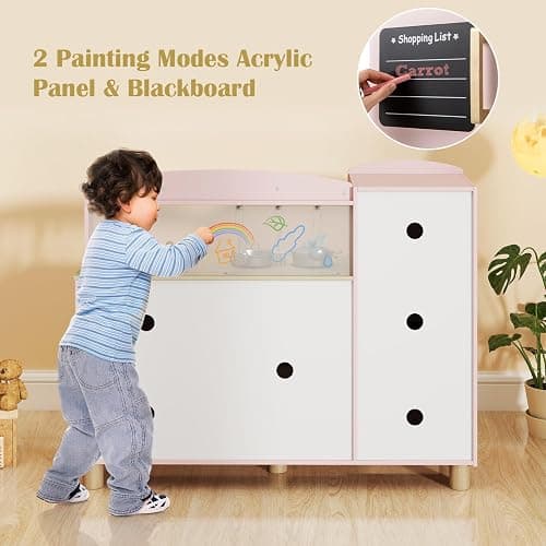 INFANS Kids Kitchen Playset, Toddler Wooden Pretend Cooking Toy Set with Acrylic Drawing Board Ice Machine Dishwasher Cloth Drawer Stove Removable Sink Simulation Play Kitchen for Boys Girls thumbnail 5