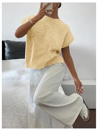SOLY HUX Women's Ribbed Sweater Crew Neck Short Sleeve Loose Fit Floral Knit Pullover Tops thumbnail 5