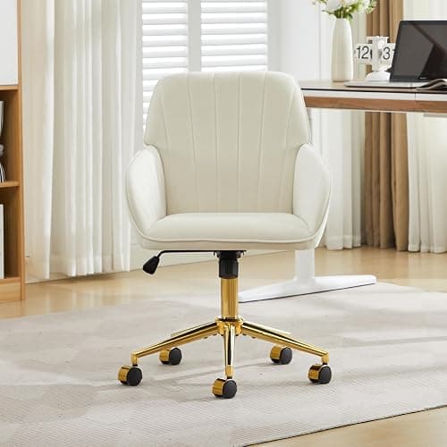 YITAI Velvet Office Desk Chair with Wheels and Gold Base,Modern Height Adjustable 360 Degree Swivel Upholstered Vanity Chairs with Arms for Living Room Bedroom, Study,Cream thumbnail 4