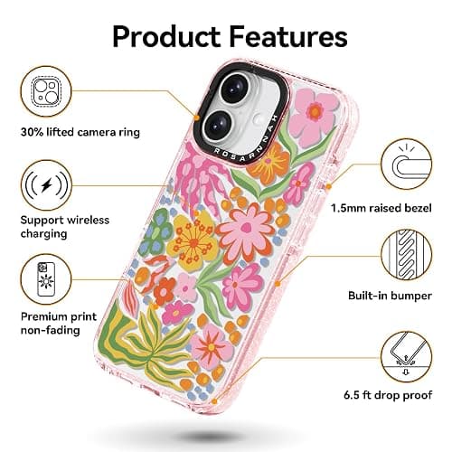 Rosarnnah Compatible for iPhone 16 Case Cute - Durable Shockproof 6.6 ft Drop Impact Phone Case - Glitter Pink Funny Passion Flower Design for iPhone 16 6.1" thumbnail 5