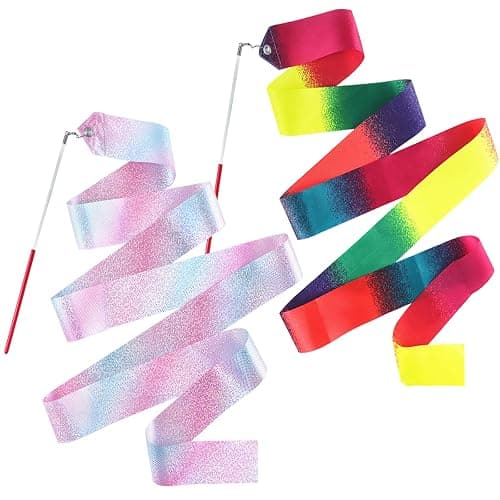 2 Pcs Dance Ribbons, 78.7" Sparkly Gymnastics Ribbon Wands for Kids Adults | Twirling Ribbons for Ballet and Rhythmic Gymnastics with Star Gradient Colors, Birthday Party Decor and Non-Slip Handle - Image 1