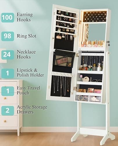 LUXFURNI LED Light Mirror Jewelry Cabinet Standing Jewelry Armoire, 60" Full Length Mirror with Storage, Built-in Makeup Mirror, 3 Adjustable Angles, Lockable Jewelry Mirror Organizer, White thumbnail 3