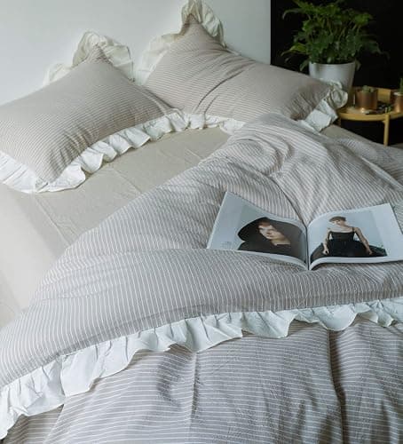 SUSYBAO Striped Ruffle Duvet Cover Queen 100% Washed Cotton 3 Pieces Set 1 Beige Ruffled Duvet Cover with Zipper Ties 2 Pillow Shams Farmhouse Soft White Lace Bedding Set Breathable thumbnail 7