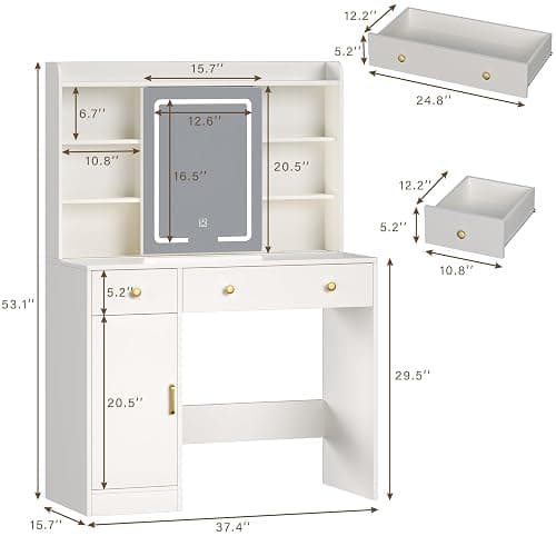 HUAHUU Vanity Desk with Mirror and Lights, 37" Makeup Vanity Desk with LED Lighted Mirror, Power Outlet, White Vanity with Storage Cabinet, 2 Drawers & 6 Shelves for Bedroom thumbnail 2