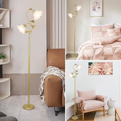 HMVPL Gold Floor Lamp for Living Room, Flower Standing Lamp with 2 LED 5W Blubs, Foot Switch, Floral Tall Lamp with Acrylic Shade, Antique Lotus Flower Floor Lamp for Living Room Office Reading thumbnail 6