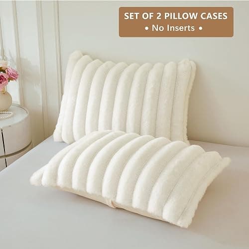 MEGO Pack of 2 Fluffy Faux Rabbit Fur Pillowcases, Ivory Striped Plush Fuzzy Bed Pillow Cases with Zipper, Farmhouse Shaggy Furry Ribbed Long Pillow Covers for Kids Teens Adults 20x26, Standard, Beige thumbnail 2