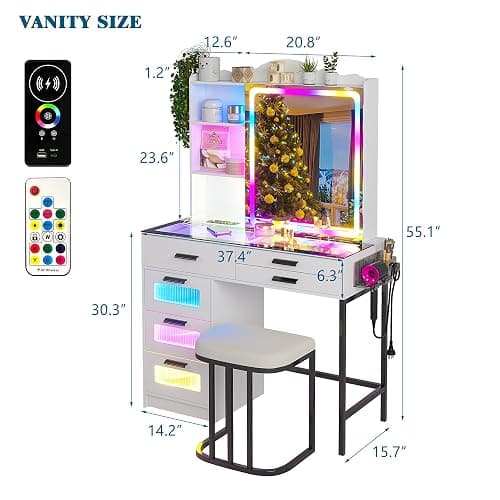 WOOVIVS Glass Top Vanity with LED Mirror, 6 Drawer Dresser with Charging Station for Bedroom, Small Makeup Vanitys Table with RGB Light, Vanity Set with Chair,Jewelry Organizer for Girls-White thumbnail 2