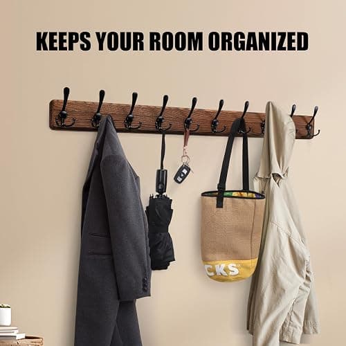 Gohiuo Rustic 38.6" Large Coat Rack Wall Mount, Long Wood Coat Hooks with 10 Triple Hooks, Heavy Duty Wooden Coat Hanger Wall Mount for Entryway, Farmhouse Hanging Jackets, Coats, Hats, Bags,Towel thumbnail 4