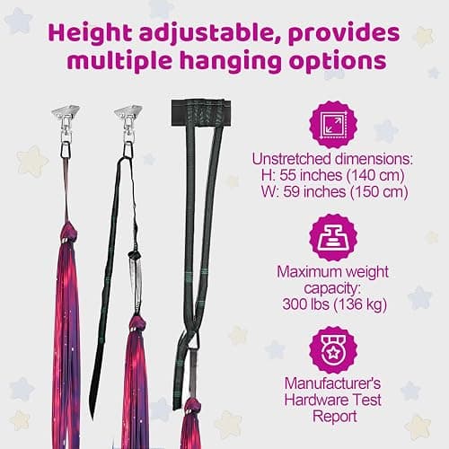 HiCamer Double Layer Sensory Swing for Kids & Adults Holds up to 300lbs Indoor and Outdoor Therapy Cuddle Swing with 360° Swivel Hanger Kit Adjustable with Aspergers Autism ADHD (Galaxy Purple) thumbnail 6