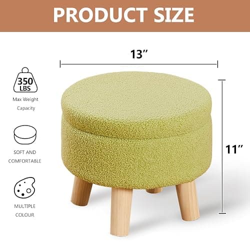 Wimarsbon Storage Ottoman, Modern Round Footrest with Soft Padded Seat, Teddy Velvet Footstool with Wood Legs, Accent Small Table or Plant Stand for Hallway, Living Room (Brilliant Green) thumbnail 3