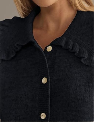 InterNos Womens Y2k Ruffled Collar Cardigan Sweaters Classic Button Down Long Sleeves Fall Sweater Crop Tops thumbnail 7
