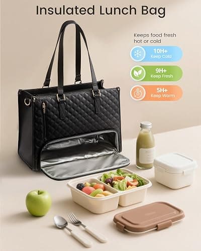 LOVEVOOK Lunch Tote Bag for Women, 15.6 Inch Laptop Bag with Insulated Lunch Compartment, Quilted Large Capacity Computer Handbag with Purse for Business, Work, Nurse, Office, Collage, Casual, Black thumbnail 7