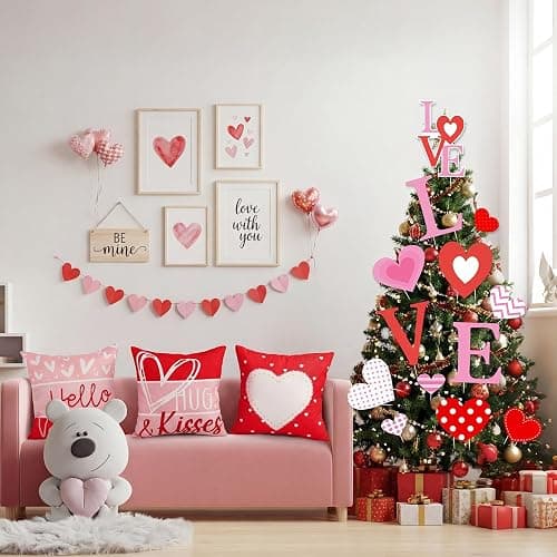 HunnmingRe 17 Pcs Valentines Day Decoration Tree Ornament Extra Large Love Tree Topper Valentine Pillow Cover Romantic Wood Heart Ornament Picks Pink Red for Wedding Holiday Party Anniversary Decor thumbnail 4
