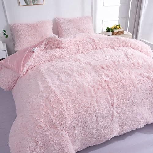 chovy Faux Fur Plush Light Pink Comforter Sets Full/Queen - Ultra Soft Shaggy Flannel Velvet Fluffy Fuzzy 3PC Bedding Set （Comforter x 1 Pillowcases x 2） thumbnail 4