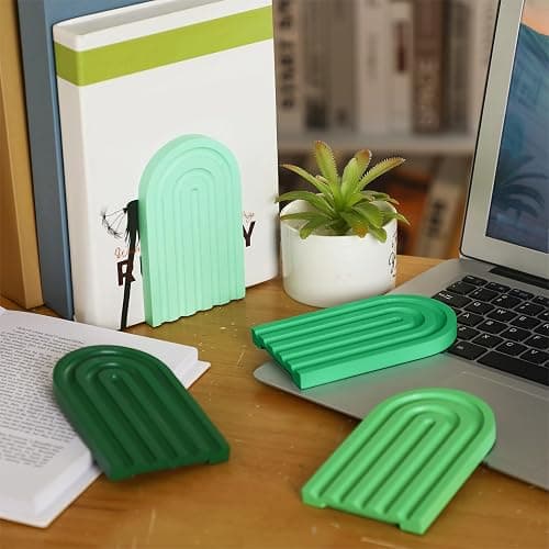 Harloon 4 Pcs Boho Arch Wood Bookends Rainbow Arch Back to School Book Stand Decorative Bookend for Shelves Non Skid Cute Book Stoppers for Heavy Books Home Office Library Kitchen(Green Color) thumbnail 4