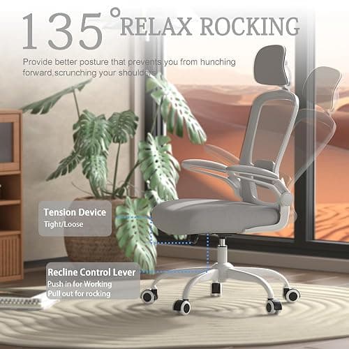Mimoglad Office Chair, High Back Ergonomic Desk Chair with Adjustable Lumbar Support and Headrest, with flip-up Armrests for Guitar Playing, 5 Years Warranty (Moon Grey) thumbnail 6