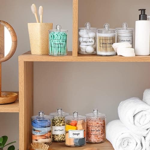 4 Pack Acrylic Qtip Holder Dispenser for Cotton Swabs, Balls, Pads, Floss Picks- Small Clear Acrylic Canister Apothecary Jar Set, Bathroom Essentials Accessories Decor, Vanity Makeup Storage Organizer thumbnail 8