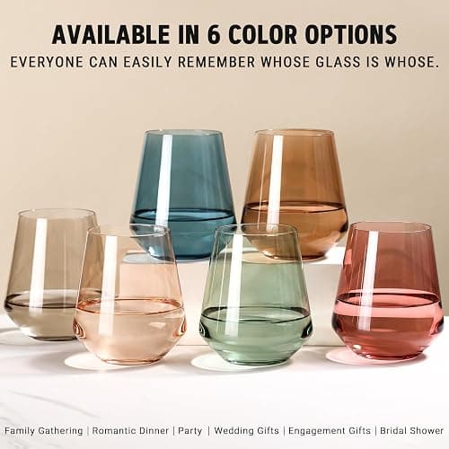comfit Colored Stemless Wine Glasses Set of 6-17 oz Hand-Blown Crystal Colored Glassware with no Stem, Multicolor Glassware for Lovers, Wedding, Birthday, Mother's Day Housewarming Gifts for Women thumbnail 3