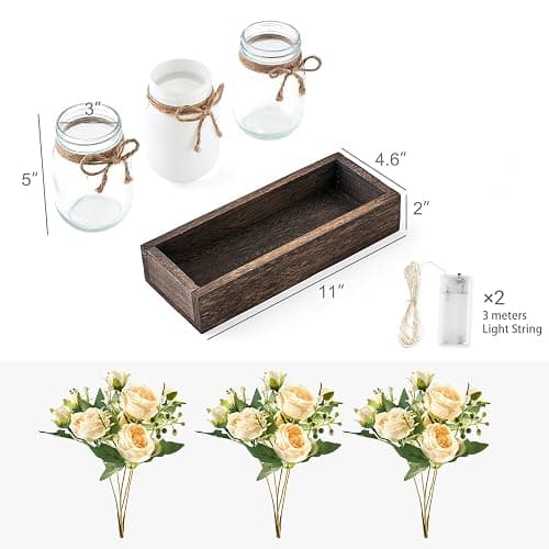 Mkono Mason Jar Lights Centerpiece Table Decor for Dining Room Farmhouse Wood Tray with 3 Jars Flowers Thanksgiving Decoration for Coffee Table Kitchen Living Room Wedding thumbnail 3