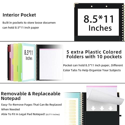 Ospelelf Clipboard with Storage 8.5 X 11，Padfolio Organizer, Spiral Portfolio Letter Size with Notepad, Pen Holder, 5 Extra Folder Divider Pages, Elastic Closure Nurse Office Essentials (Black) thumbnail 4