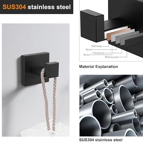 Nolimas Towel Hook Stainless Steel Bathroom Rustproof Clothes Towel Coat Hook Wall Mounted Square Toilet Kitchen, Heavy Duty Door Hanger Matte Black, 2 Pack thumbnail 4