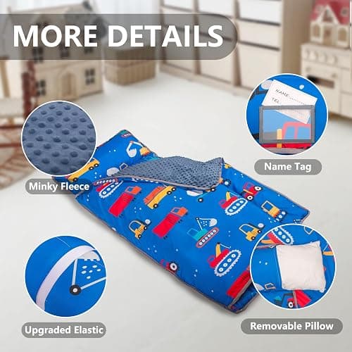 Primlect Thickened Toddler Nap Mat with Removable Pillow and Minky Blanket, Extra Large 55''x35'' Sleeping Bag, Washable, Roll up, Perfect for Daycare, Preschool, Kindergarten, Boys and Girls Blue Car thumbnail 6