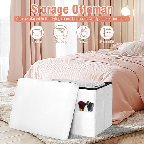 FaiPue Storage Ottoman Cube, Small Ottoman with Storage with Thicker Furry Padded Seat. Folding Soft Fur Foot Rest Stool for Living Room Bedroom, Holds Up to 300 lbs, 17x13x13IN (White) thumbnail 3