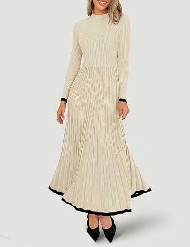ZESICA Women's Long Sleeve Sweater Dress Fall 2025 Crewneck Ribbed Knit Pleated A-Line Maxi Wedding Guest Dresses thumbnail 3