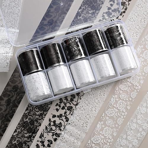Lace Transferfolie Nägel, 10Rollen Schwarze Weiße Holographische Spitzen Nail Foils Blumen Floral Nagel Transferfolie Stickers Aufkleber für Nailart DIY Dekoration thumbnail 2