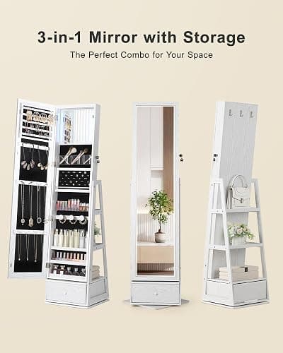 Nicetree 360°Swivel Mirror Jewelry Cabinet, LED Jewelry Cabinet Armoire, Standing Jewelry Mirror Organizer with Storage, Rear Shelves, Interior Mirror, Drawer, Black Lining thumbnail 5